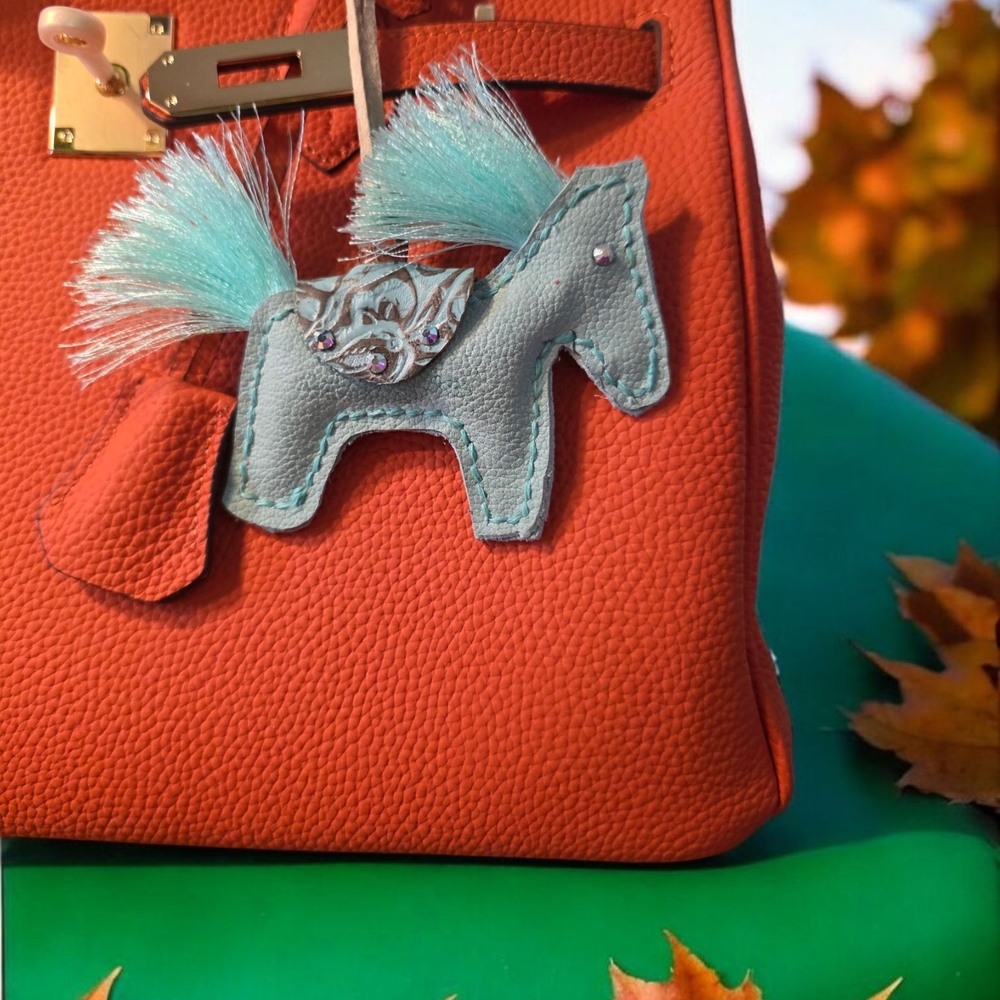 Handcrafted Horse Handbag Charm with Aqua Blue and Brown - Picture 2 of 2